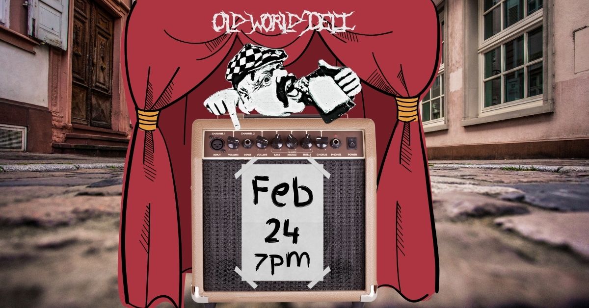 Old World Deli logo with amp and curtain advertising KORC's concert date.