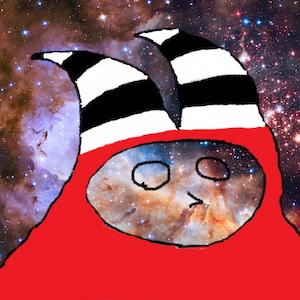 Hand-drawn illustration of cute space man in red suit and stripey hat superimposed against space.