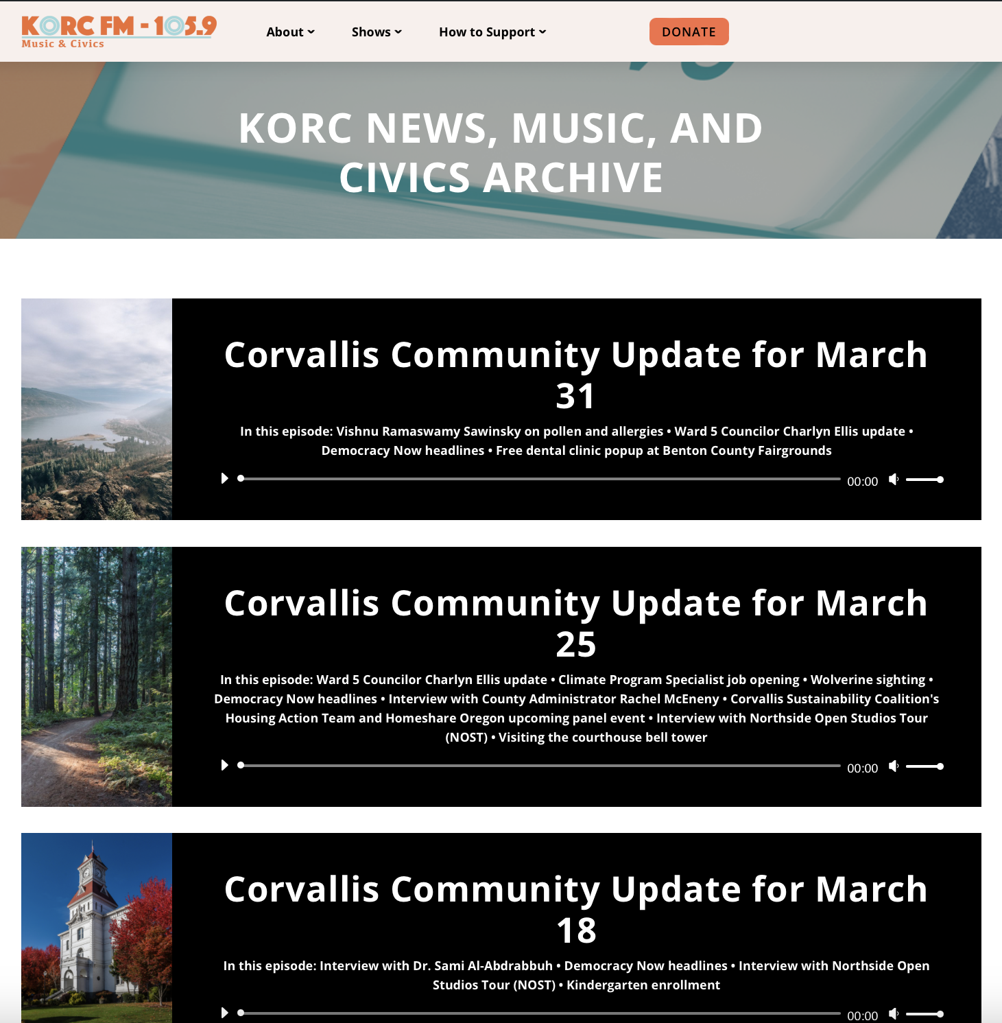 Screenshot of the News, Music, and Civics archive page.
